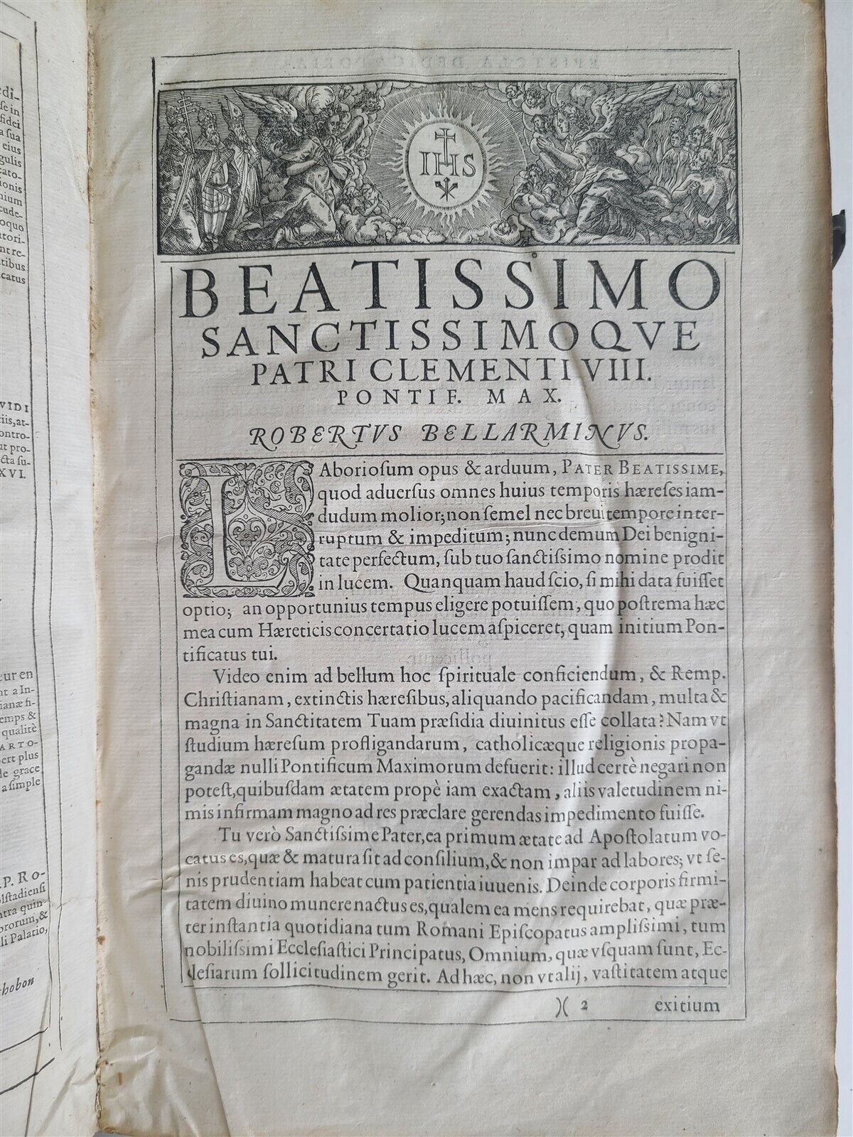 1593 Disputationum Roberti Bellarmini Politiani antique PIGSKIN FOLIO 16th CENT.