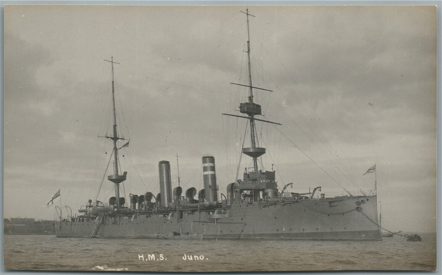 BRITISH MILITARY SHIP H.M.S. JUNO ANTIQUE REAL PHOTO POSTCARD RPPC