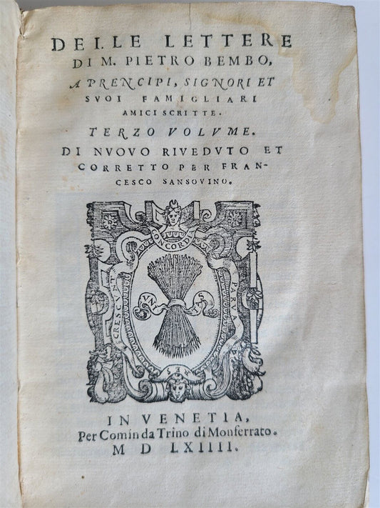 1564 PIETRO BEMBO Delle lettere a Sommi Pontefici antique VELLUM BINDING Italian