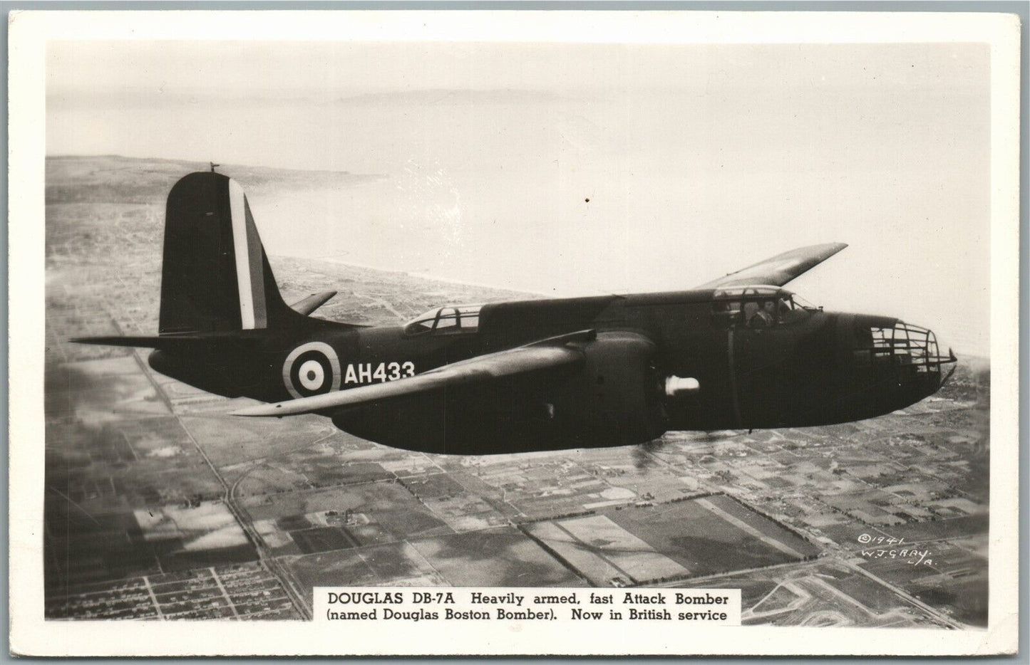 BRITISH AIRPLANE BOMBER DOUGLAS DB-7A VINTAGE REAL PHOTO POSTCARD RPPC