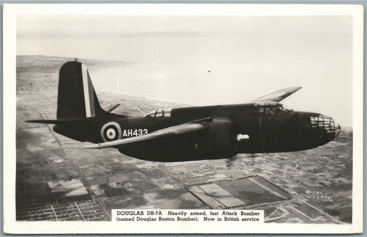 BRITISH AIRPLANE BOMBER DOUGLAS DB-7A VINTAGE REAL PHOTO POSTCARD RPPC