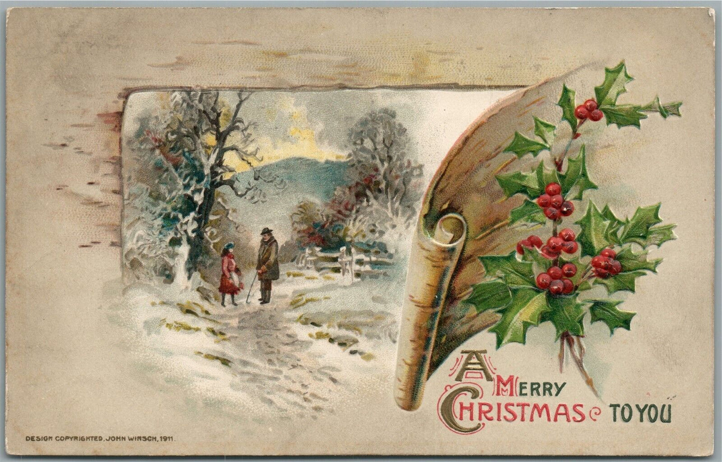 MERRY CHRISTMAS TO YOU JOHN WINSCH 1911 ANTIQUE POSTCARD