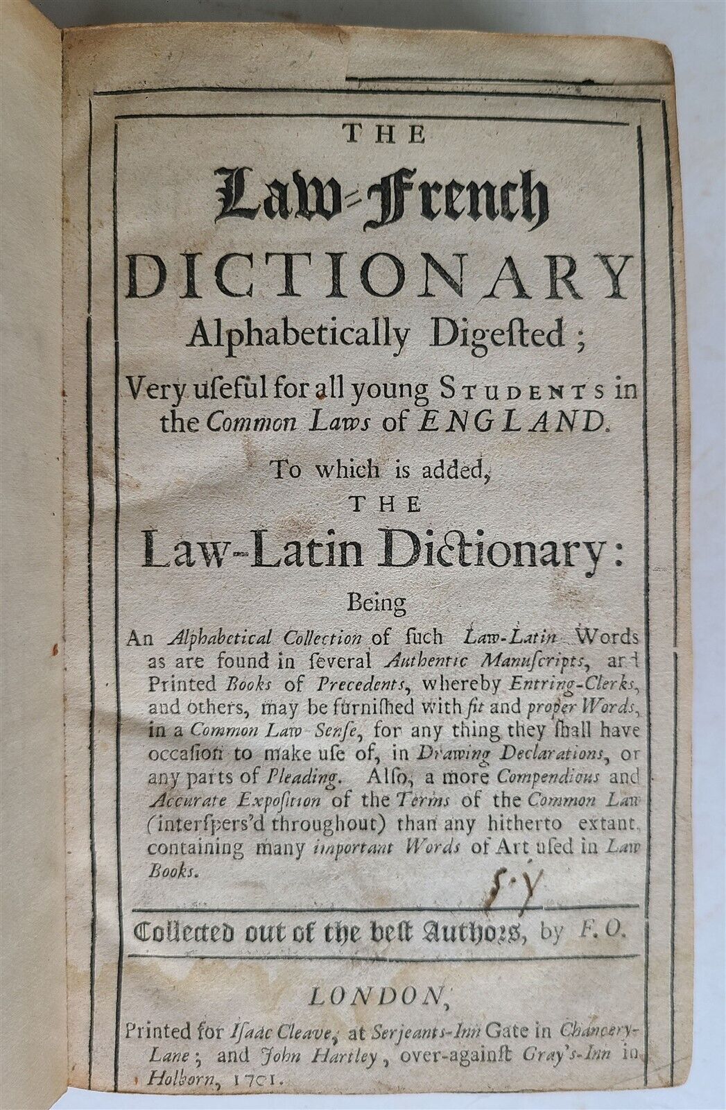 1701 ENGLISH LAW FRENCH & LATIN DICTIONARY antique