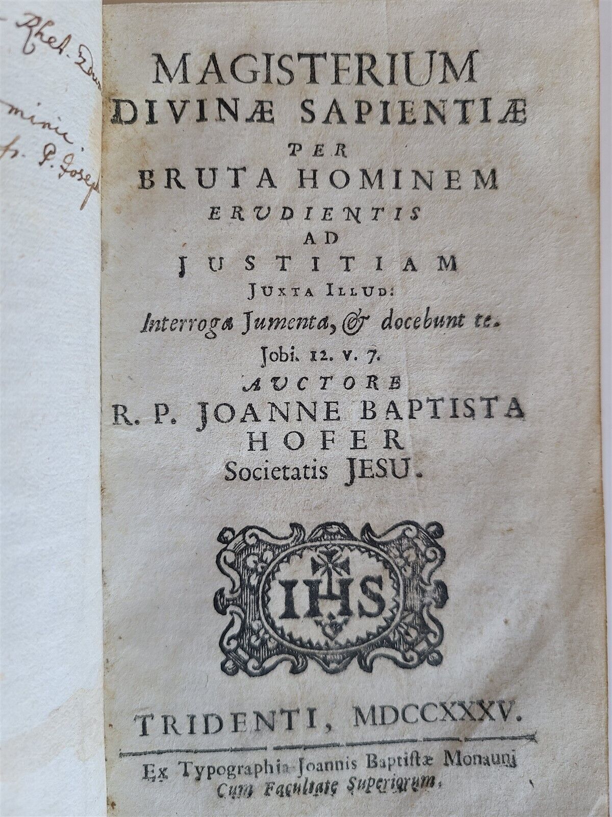 1735 MAGISTERIUM DIVINAE SAPIENTIAE by JOANNE BAPTISTA HOFFER antique