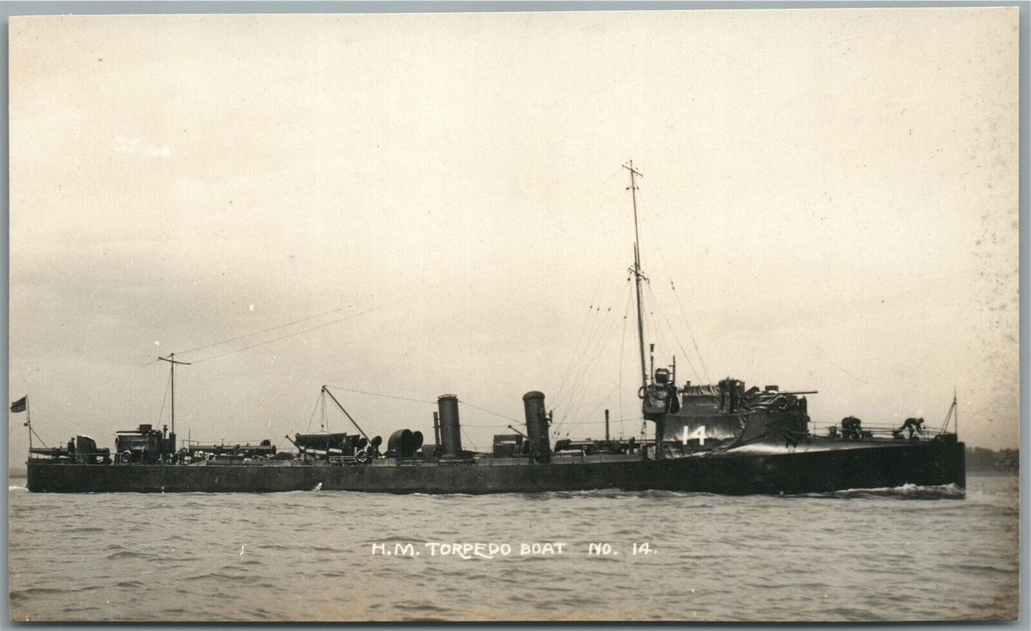 BRITISH MILITARY SHIP H.M. TORPEDO BOAT No. 14 ANTIQUE REAL PHOTO POSTCARD RPPC