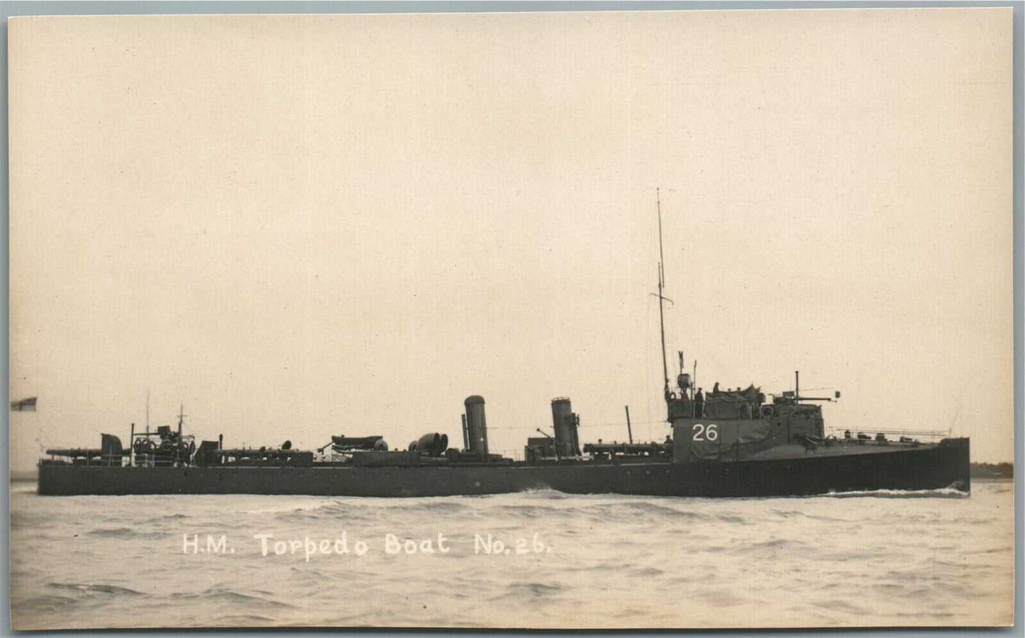 BRITISH MILITARY SHIP H.M. TORPEDO BOAT No. 26 ANTIQUE REAL PHOTO POSTCARD RPPC