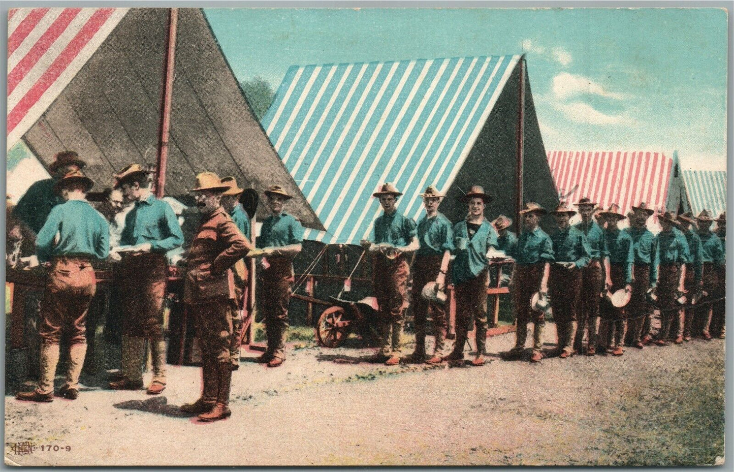 AMERICAN ARMY AT CAMP MILITARY THEME ANTIQUE POSTCARD