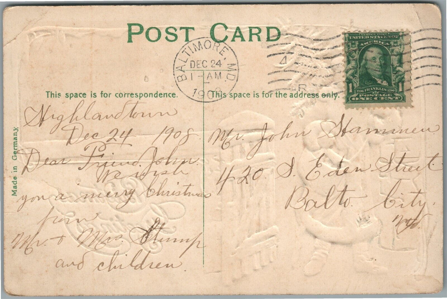 SANTA in GREEN ROBE CHRISTMAS GREETINGS EMBOSSED ANTIQUE POSTCARD