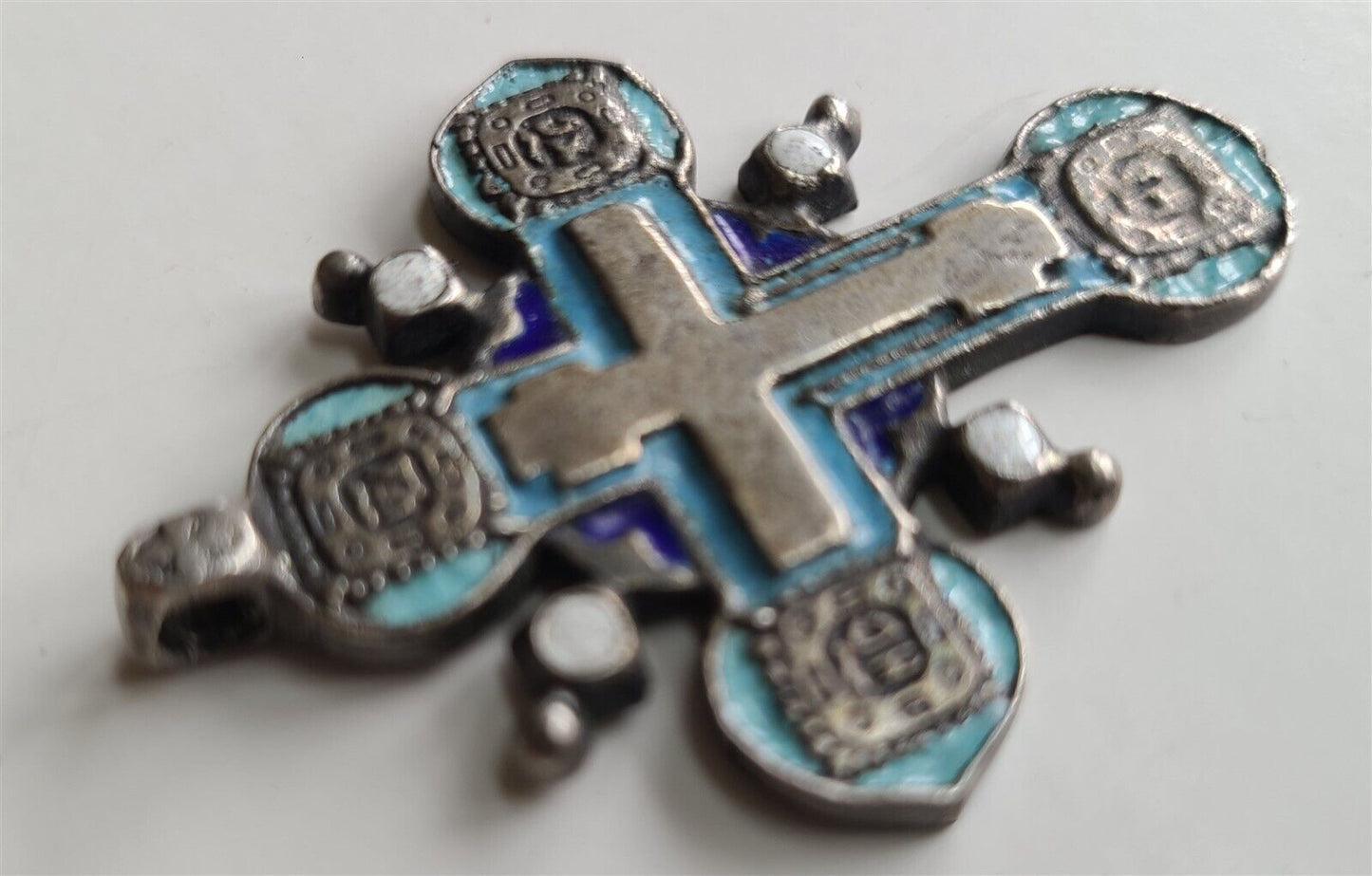 18th CENTURY RUSSIAN ANTIQUE ORTHODOX SILVER ENAMEL NECK ICON CROSS PENDANT