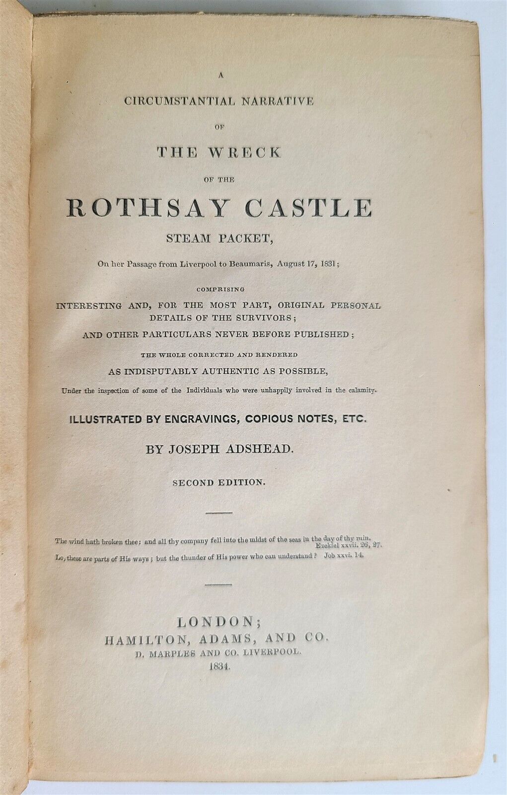 1834 NARRATIVE of WRECK of ROTHSAY CASTLE STEAM PACKET ADSHEAD antique SHIPWRECK