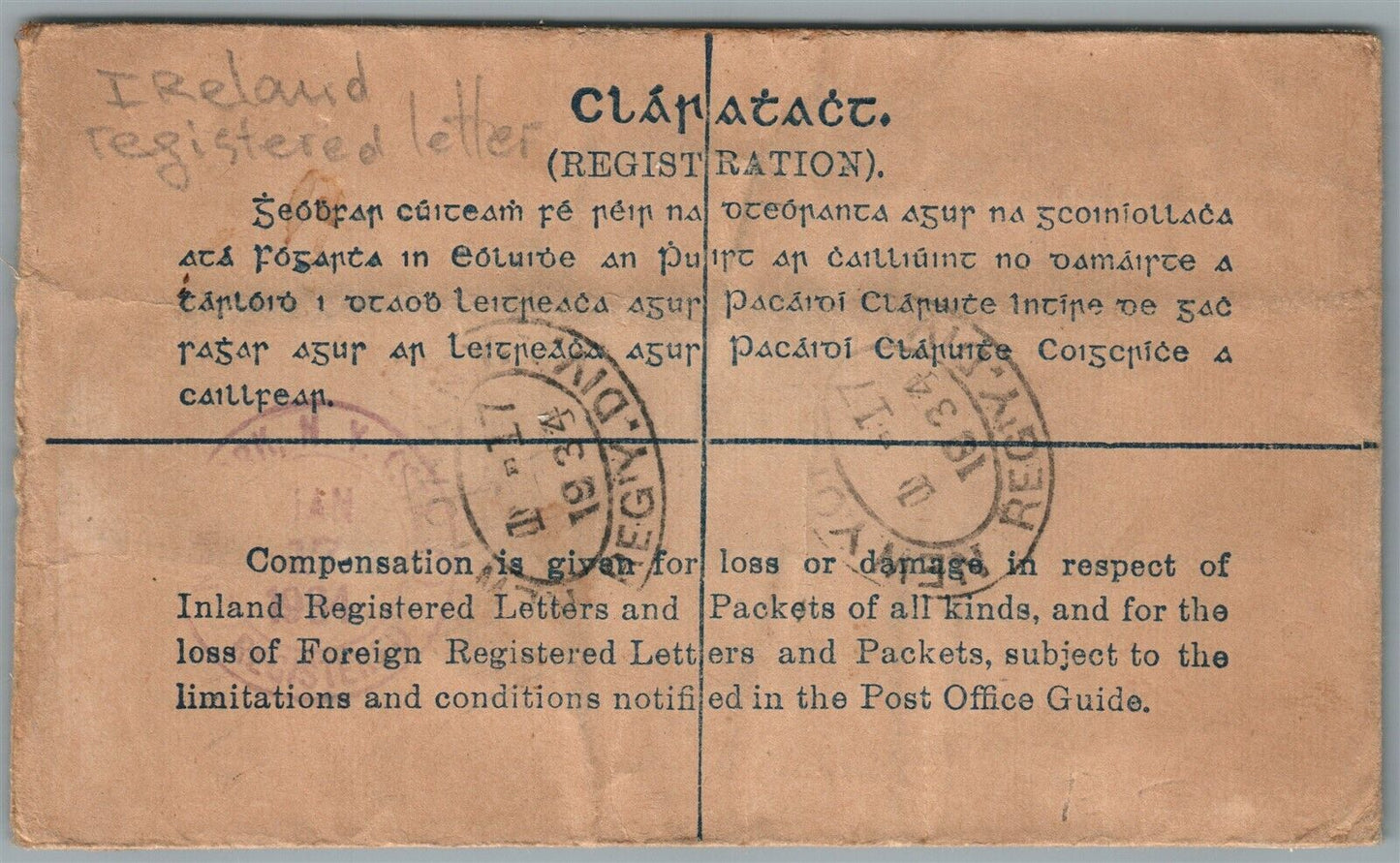 IRELAND ANTIQUE 1934 REGISTERED LETTER