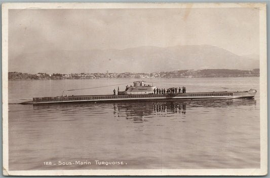 FRENCH SUBMARINE SOUS MARIN TURQUOISE ANTIQUE REAL PHOTO POSTCARD RPPC