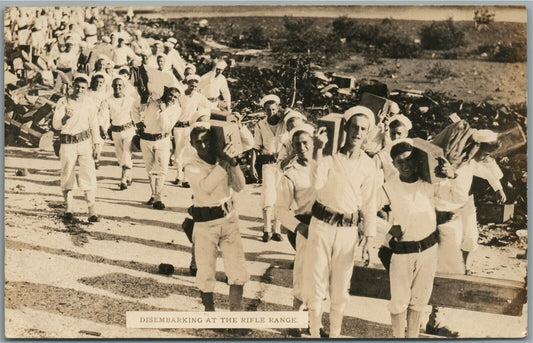 AMERICAN WWI ERA DISEMBARKING AT RIFLE RANGE ANTIQUE REAL PHOTO POSTCARD RPPC