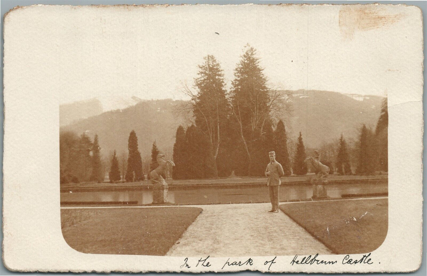 WWI SOLDIER in HELLBRUNN CASTLE AUSTRIA ANTIQUE REAL PHOTO POSTCARD RPPC