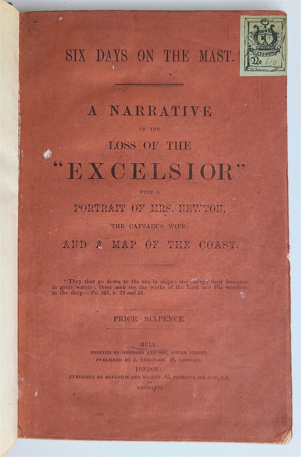 1866 SIX DAYS on THE MAST Narrative of EXCELSIOR LOSS antique BRITISH SHIPWRECK