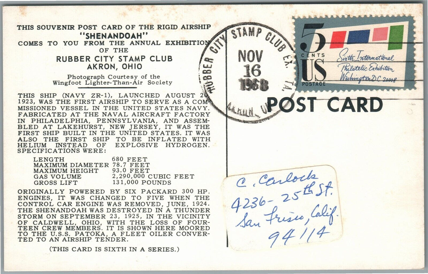 US AIRSHIP SHENANDOAH VINTAGE POSTCARD AKRON OH RUBBER STAMP CLUB