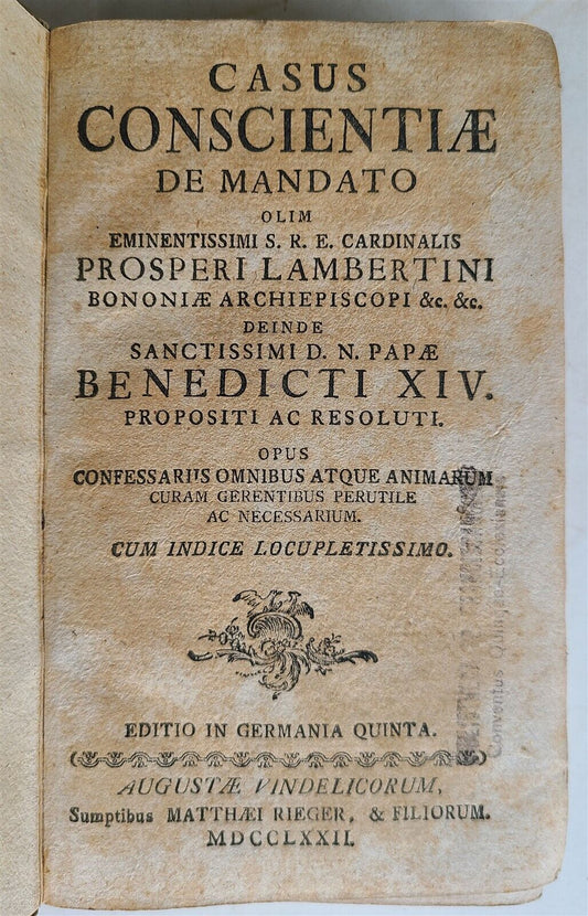 1772 POPE BENEDICT XIV ACTS by Cardinal Prosperi Lambertini antique in ITALIAN