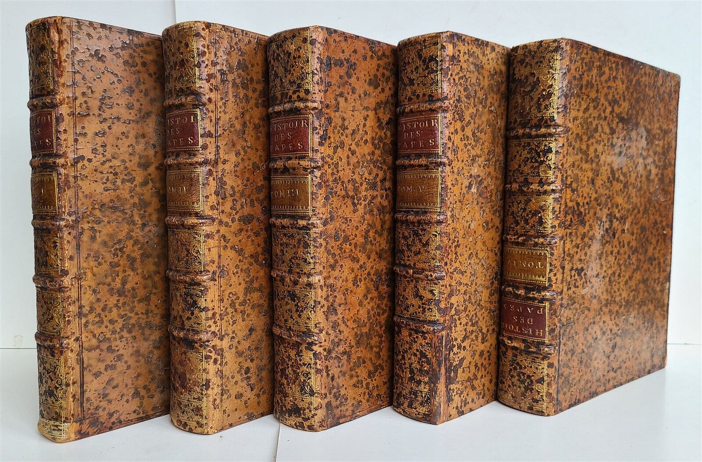 1732 -1734 HISTORY of POPES 5 VOLUMES antique in FRENCH prohibited by church