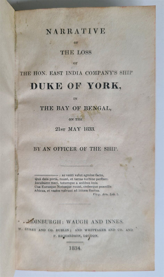 1834 NARRATIVE of LOSS of EAST INDIA COMPANY SHIP DUKE of YORK antique SHIPWRECK