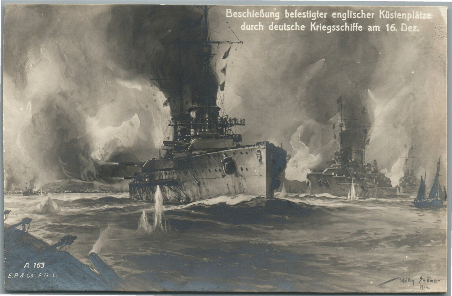 NAVAL BATTLE WWI GERMAN ANTIQUE REAL PHOTO POSTCARD RPPC