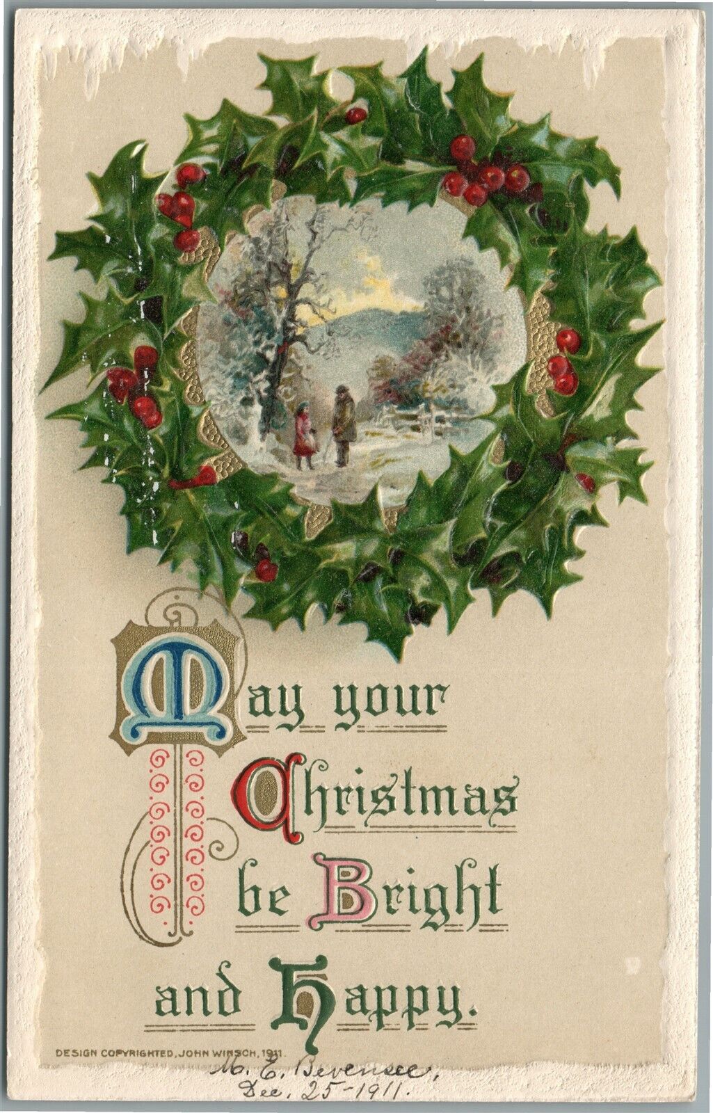 BRIGHT & HAPPY CHRISTMAS 1911 ANTIQUE POSTCARD by JOHN WINSCH