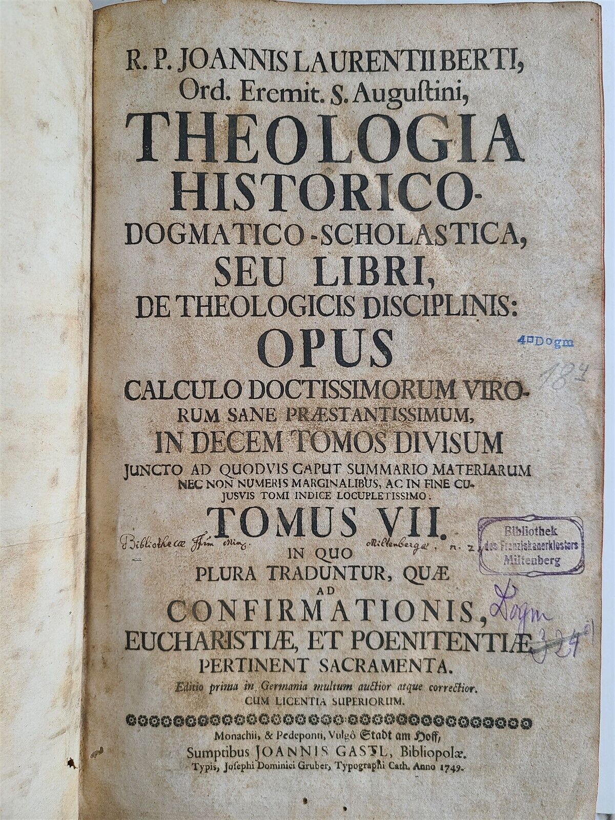 1749-50 THEOLOGY Theologia historico-dogmatico-scholastica 5 FOLIO VOLS antique