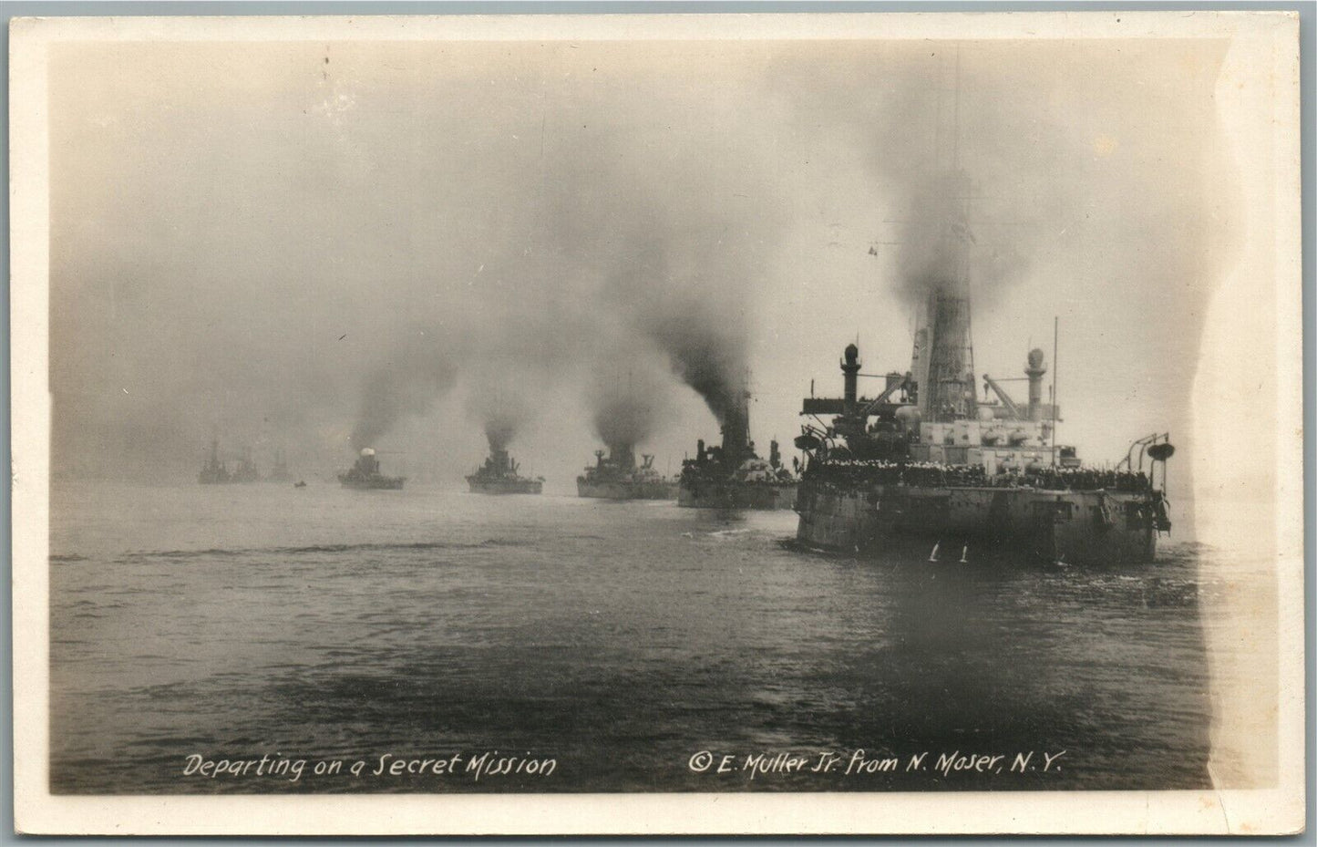 WWI ANTIQUE REAL PHOTO POSTCARD RPPC SHIPS DEPARTING ON A SECRET MISSION