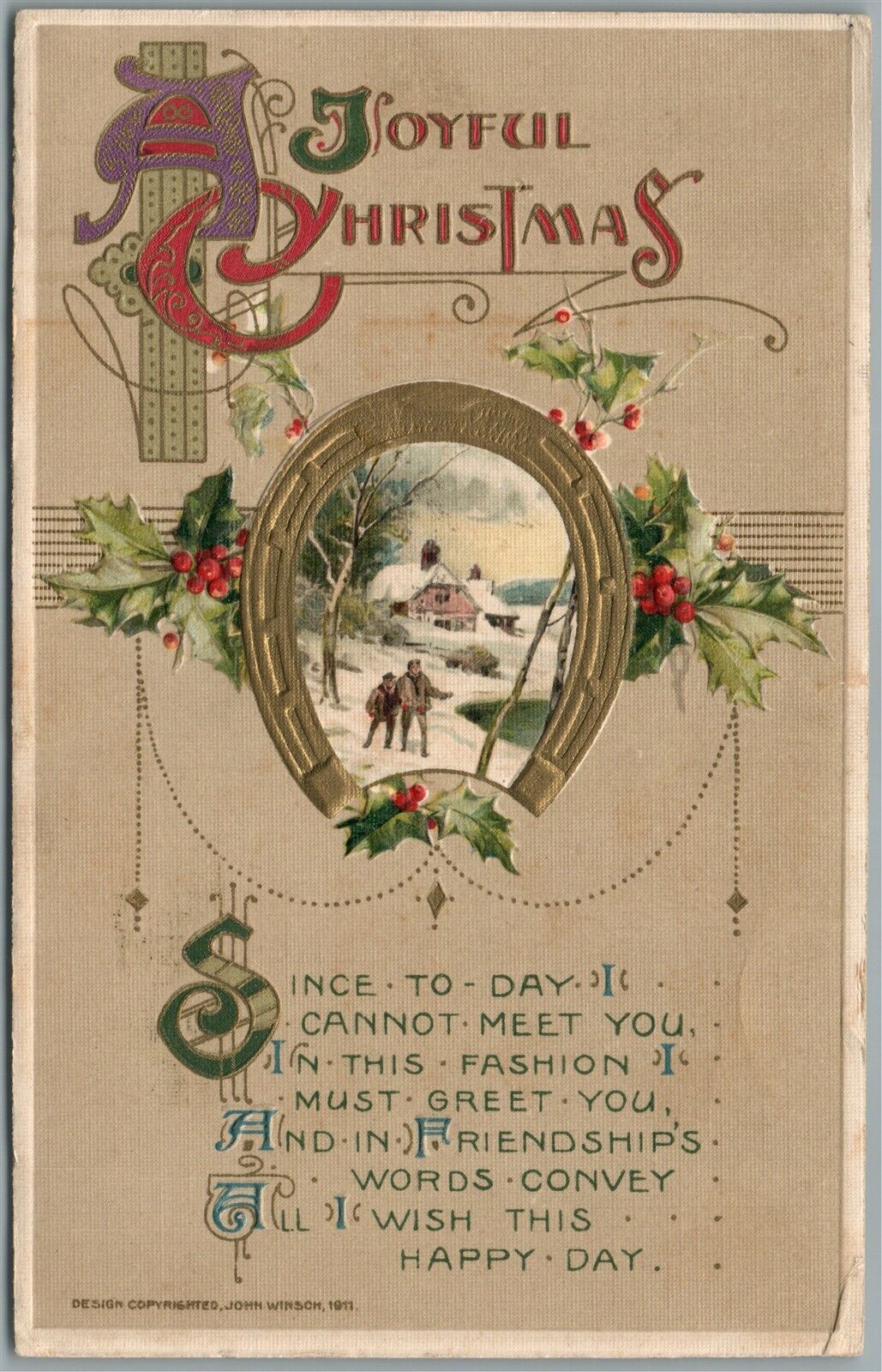 JOYFUL CHRISTMAS JOHN WINSCH 1911 ANTIQUE POSTCARD