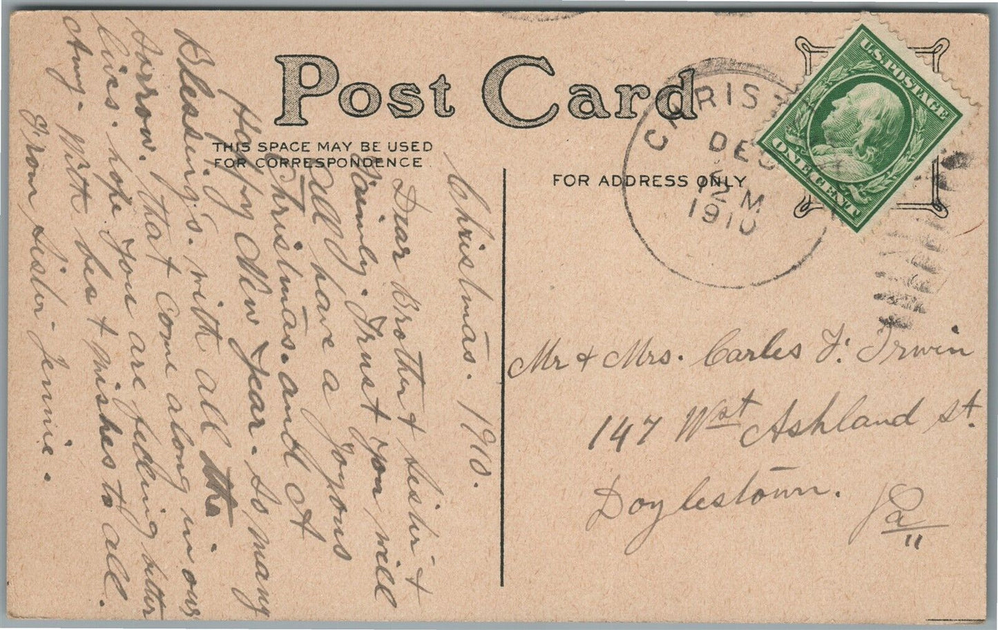 SANTA w/ CHRISTMAS BELL ANTIQUE POSTCARD