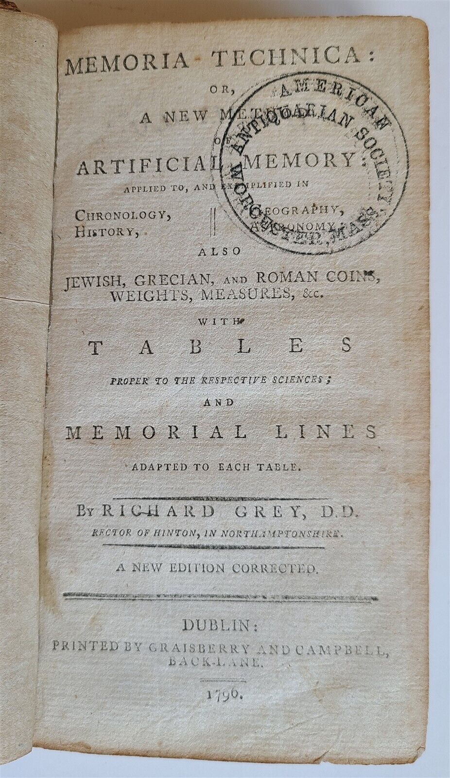 1796 Memoria Technica: or, A New Method of Artificial Memory ANTIQUE by R. GREY