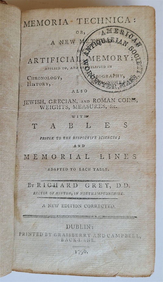 1796 Memoria Technica: or, A New Method of Artificial Memory ANTIQUE by R. GREY