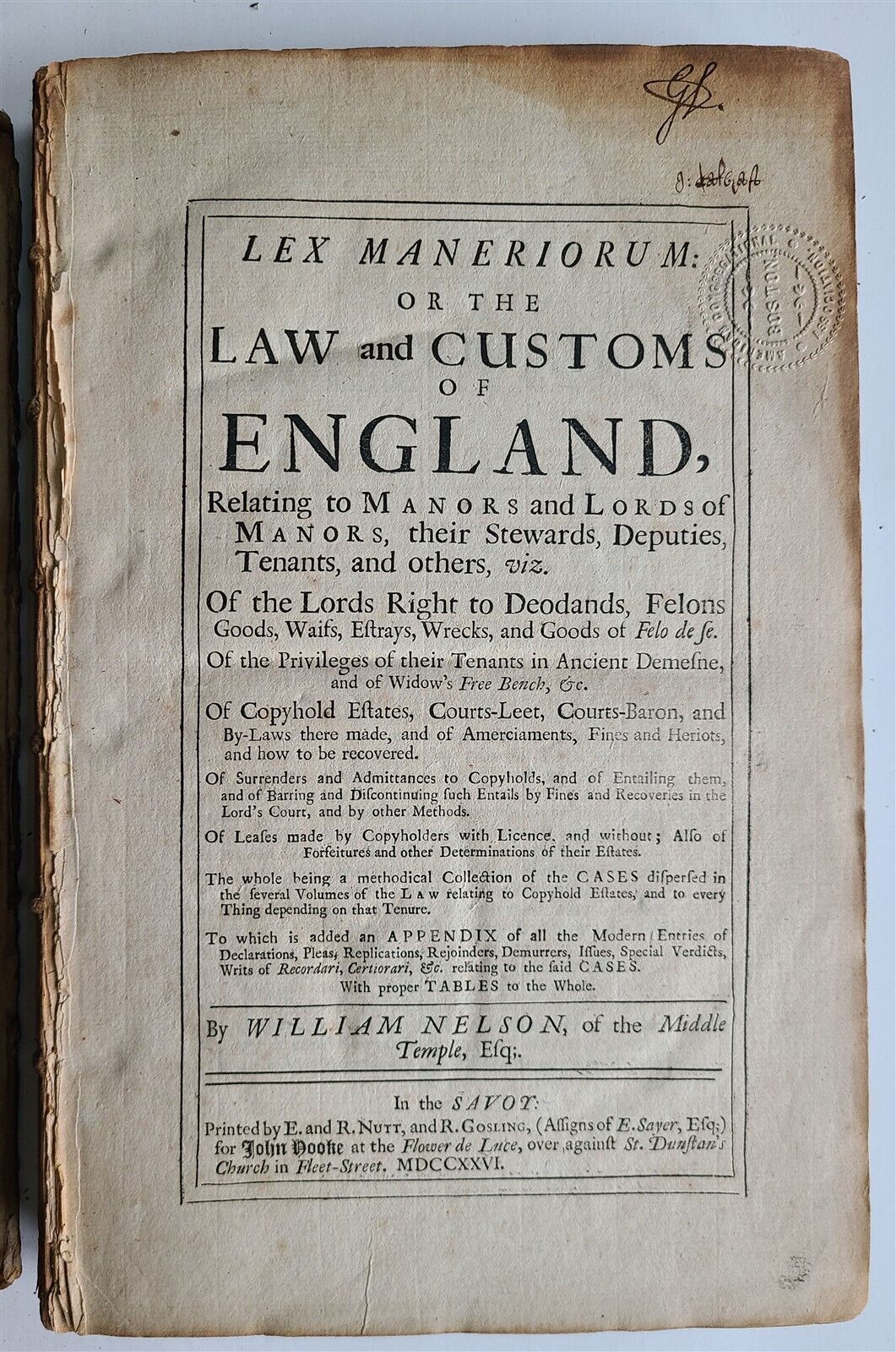 1726 LES MANERIORUM or LAW & CUSTOMS of ENGLAND by William Nelson antique folio