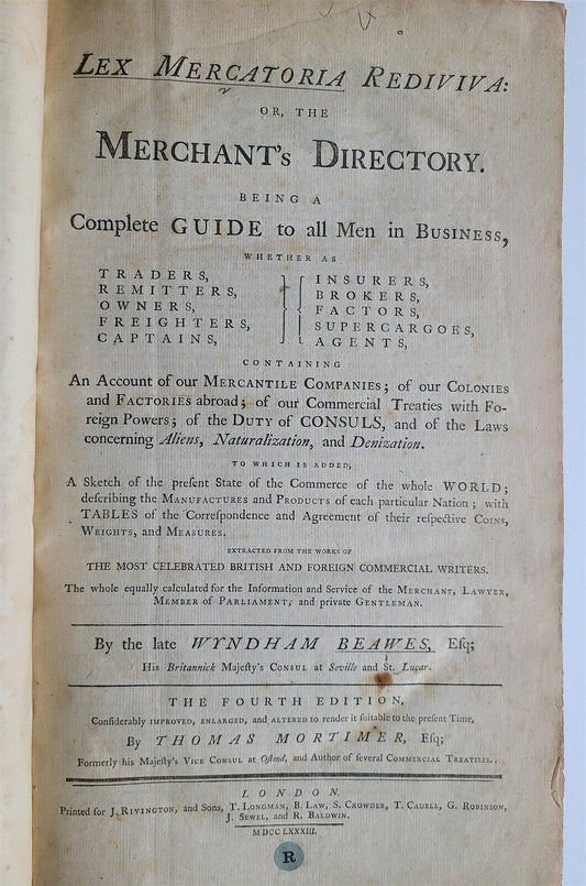 1783 Merchant's Directory LEX MERCATORIA REDIVIVA by W. BEAWES antique folio