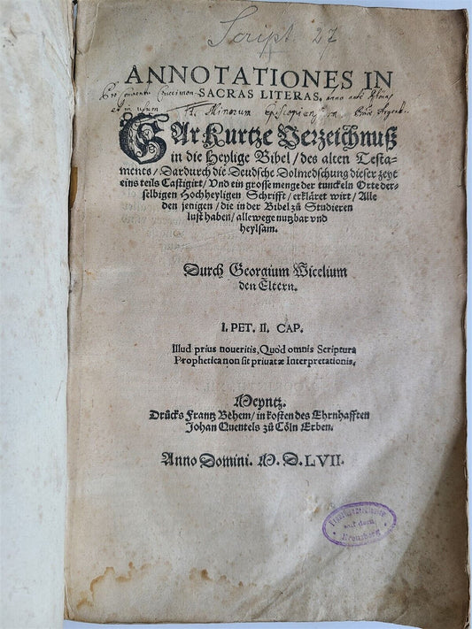 1557 BIBLE COMMENTARY by Georg Witzel antique 16th CENTURY VELLUM in German