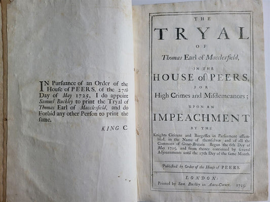 1725 ENGLISH LAW BOOK tryal of Thomas Earl of Macclesfield antique folio