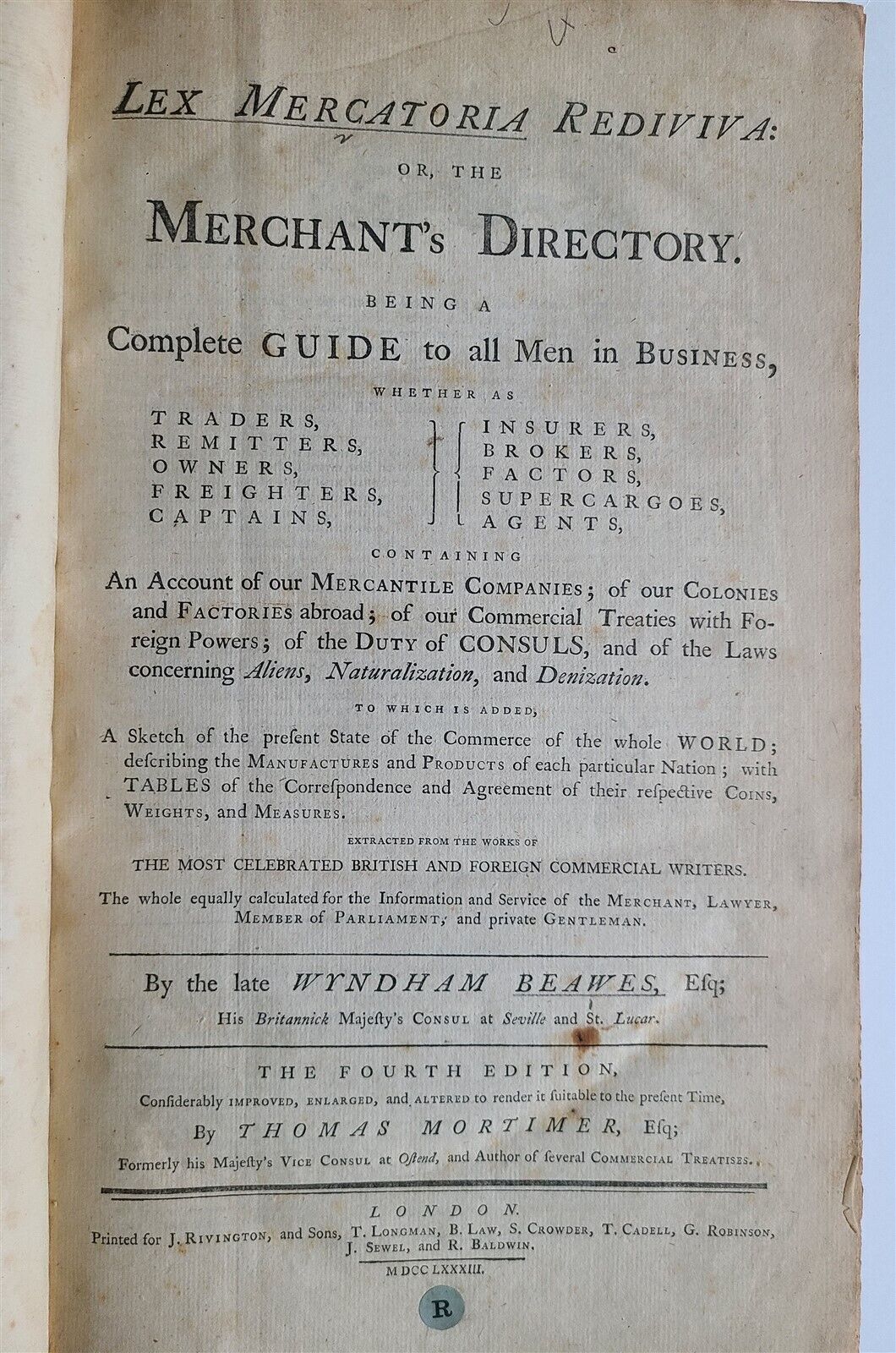 1783 Merchant's Directory LEX MERCATORIA REDIVIVA by W. BEAWES antique folio