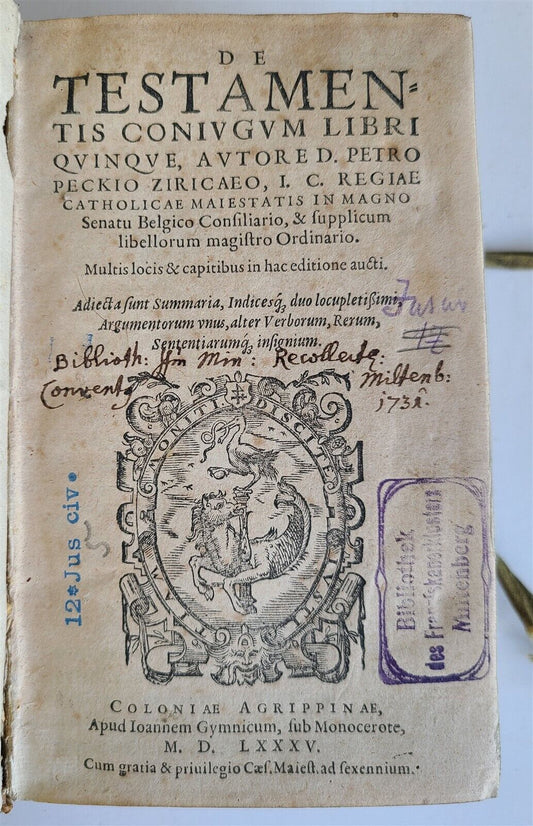 1585 LAW BOOK in LATIN De Testamentis Coniugum Libri Quinque antique VELLUM