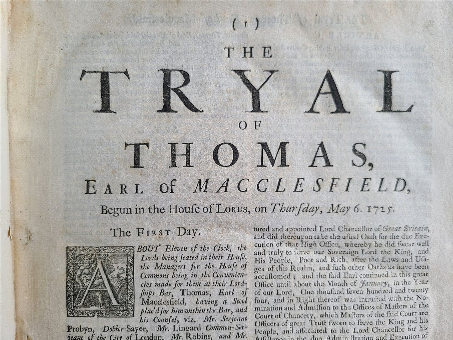 1725 ENGLISH LAW BOOK tryal of Thomas Earl of Macclesfield antique folio